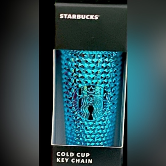 Starbucks Blue Metallic Chrome Studded Keychain FOB Bling Ornament Cup Ornament - Picture 1 of 6